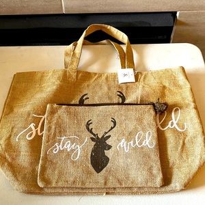 New, Never Been Used, Set of 2 Tote Bags, Burlap, Buck, “Stay Wild”